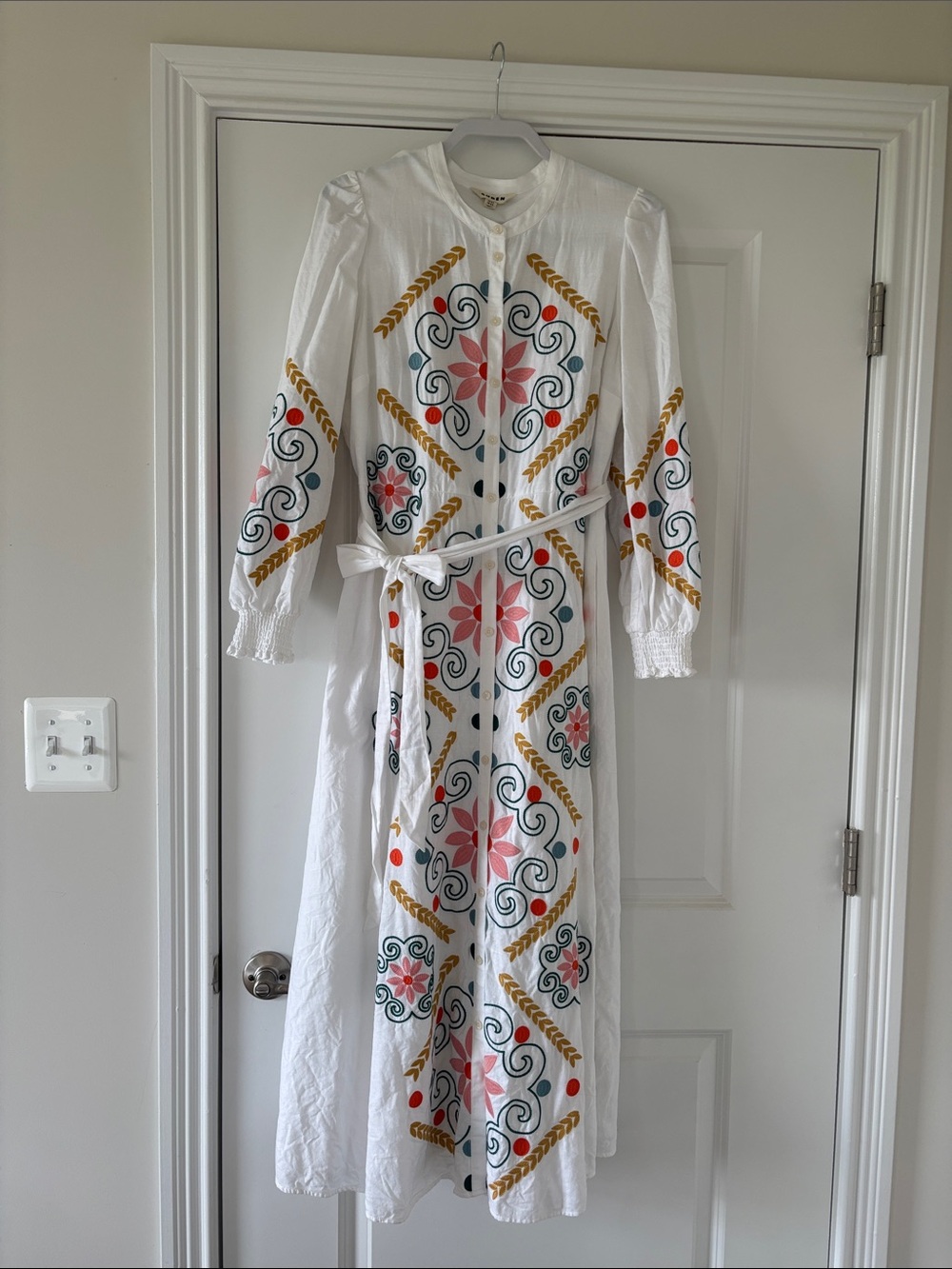 Boden White Embroidered Maxi Dress with Pink, Teal & Gold Motif
